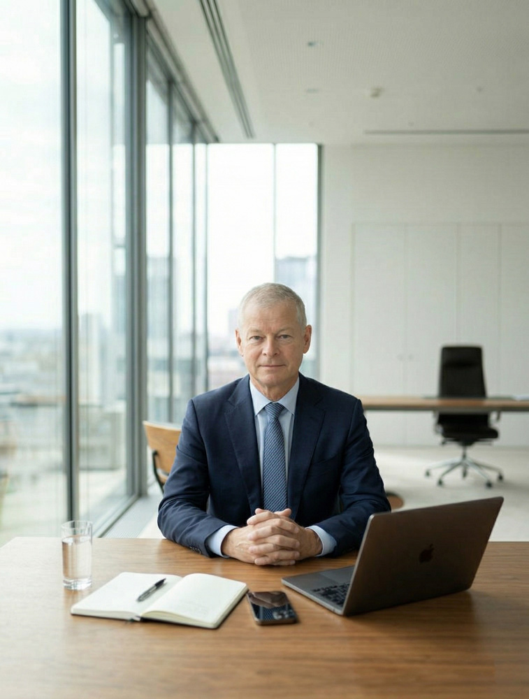 Georg Weiler am braunen Schreibtisch sitzend